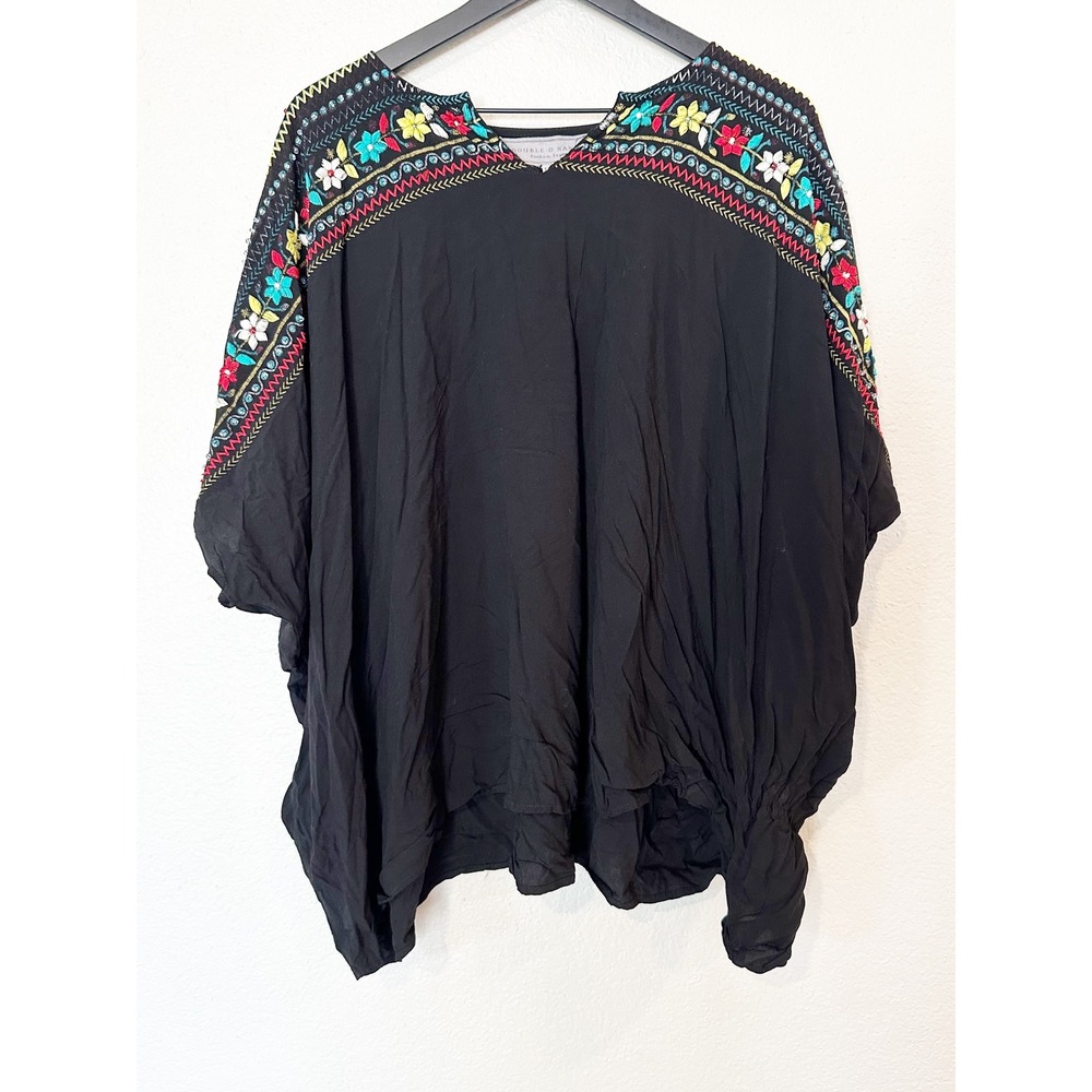 Double D Ranch Womens 1X Black Embroidered Beaded Kaftan Boho Western Top